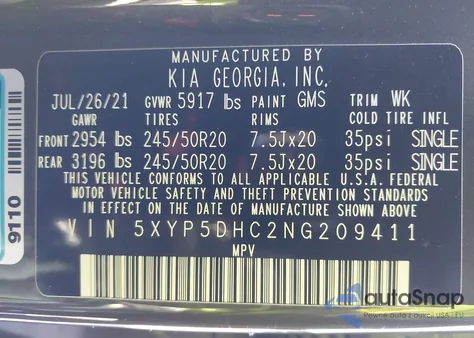 2022 Kia Telluride Sx z USA, uszkodzony, nr VIN 5XYP5DHC2NG209411